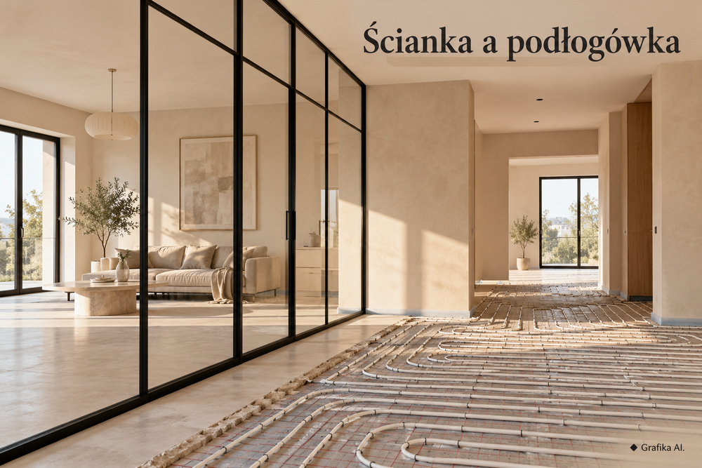 Szklana ścianka w czarnych profilach obok widocznych rur ogrzewania podłogowego w jasnym wnętrzu